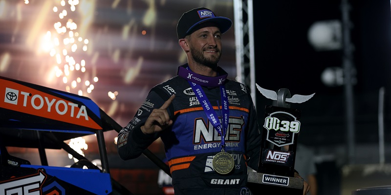 Grant Hangs on to Win Sizzling Feature to Open BC39 at IMS
