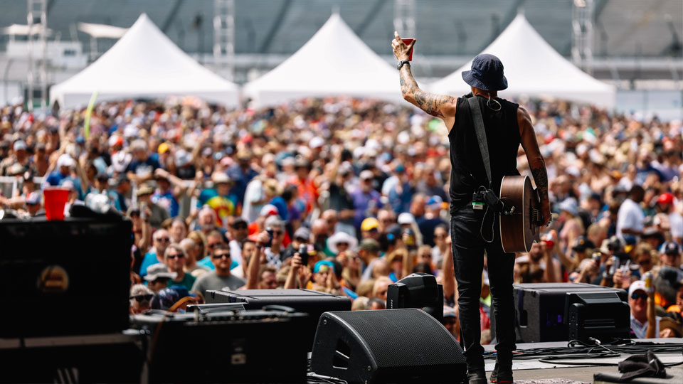 Fans cheer a performance on stage