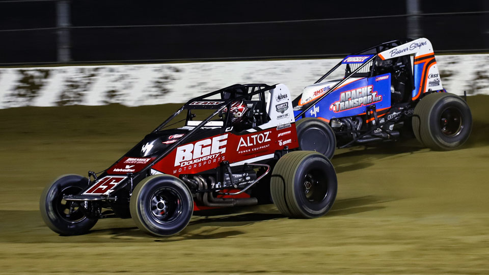 AMSOIL National Sprint Series cars on track at the dirt track at Indianapolis Motor Speedway