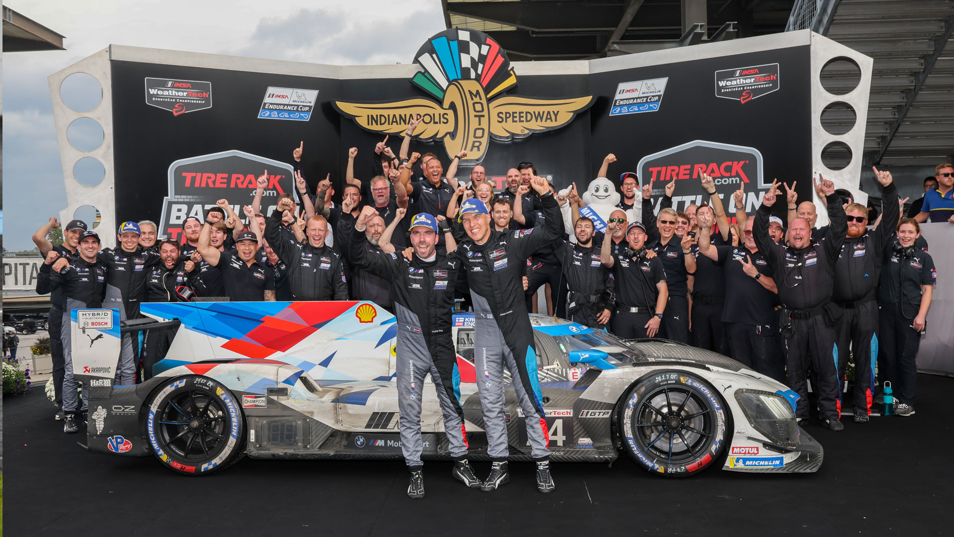 #24 BMW M Hybrid V8 on victory podium at Indianapolis Motor Speedway