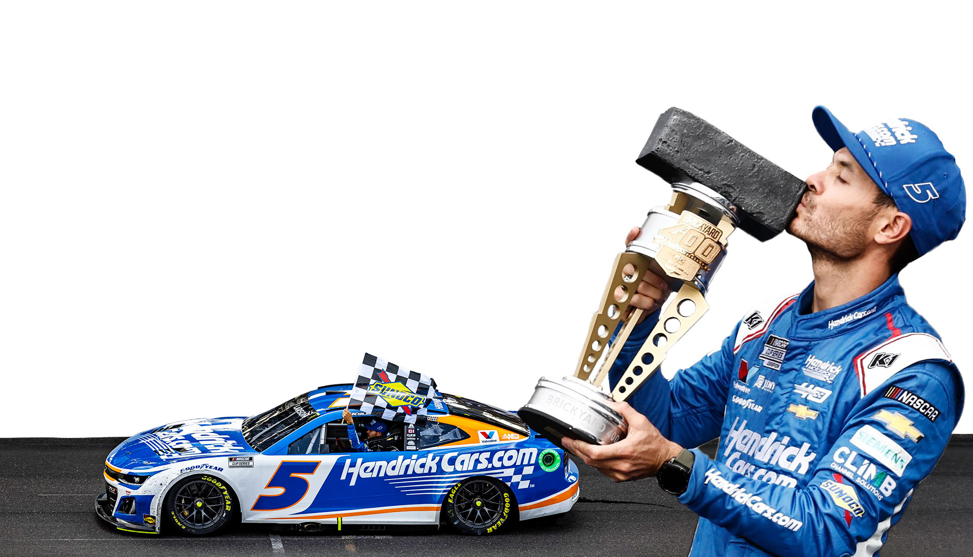 2024 Brickyard 400 Recap composite image showing Kyle Larson celebrating with the trophy as well as his car on track with the checkered flag out the window