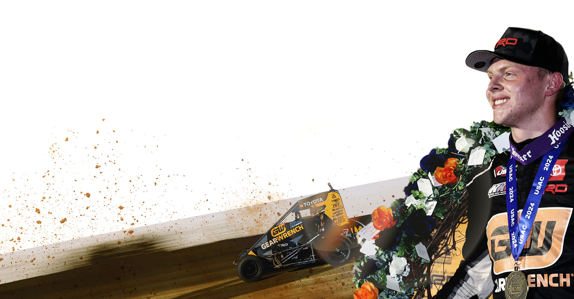 Chase McDermand in a composite image celebrating victory and on track at Indianapolis Motor Speedway