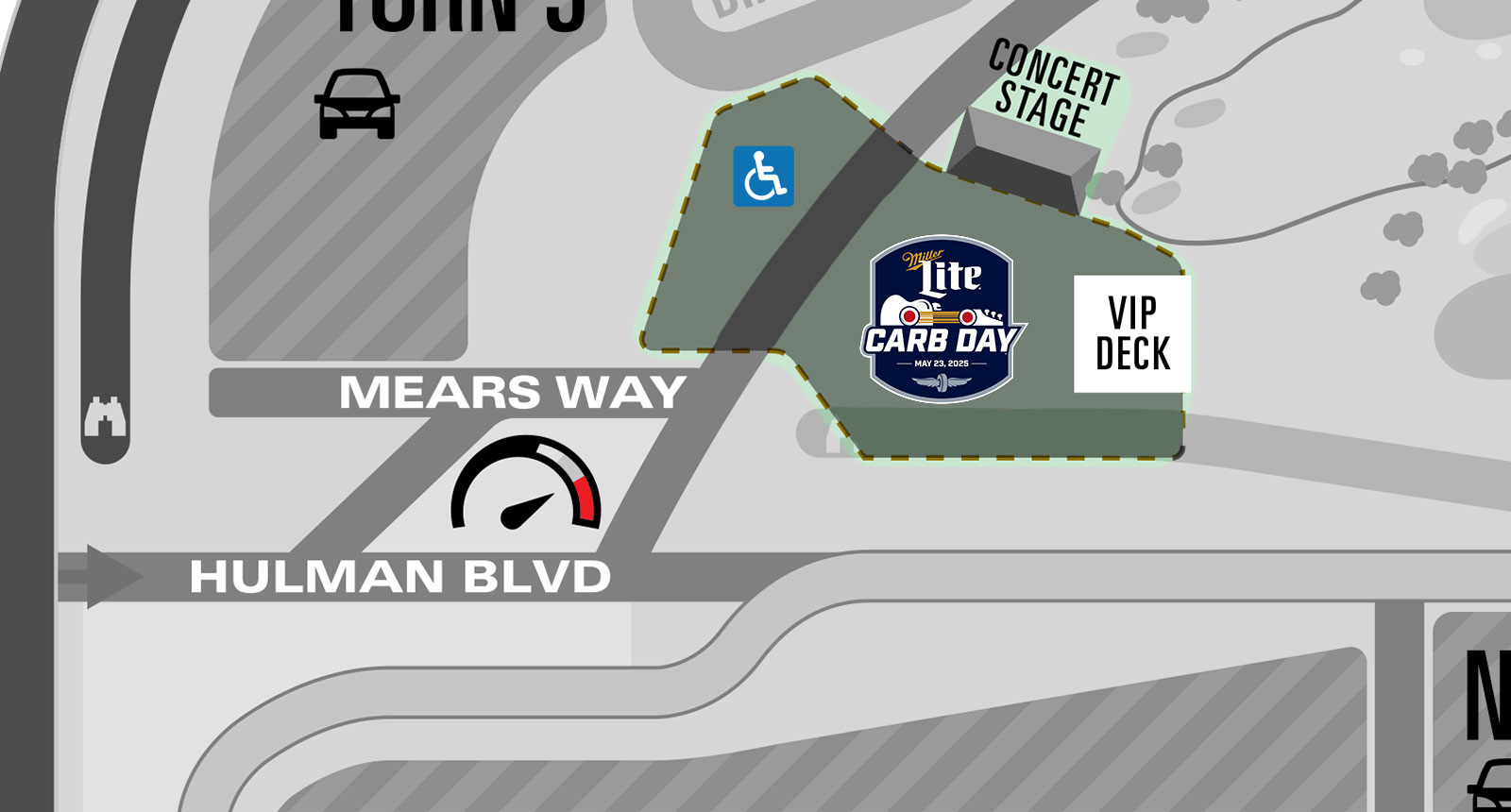 A partial map of IMS showing the Performance Center and the Carb Day stage