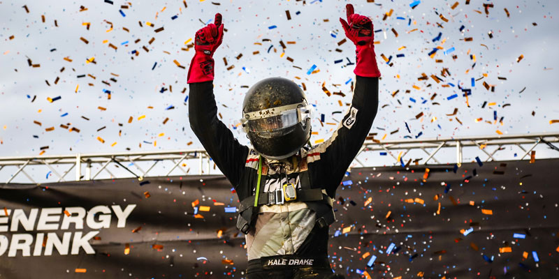 Kale Drake celebrates victory at Indianapolis Motor Speedway