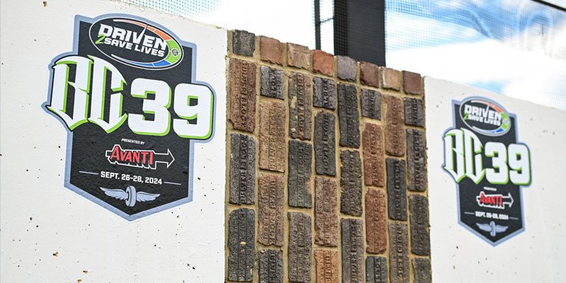 Photo of the bricks at the start/finish line on the dirt track at Indianapolis Motor Speedway