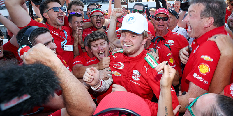 Robert Shwartzman celebrates winning pole position on Sunday at Indianapolis Motor Speedway